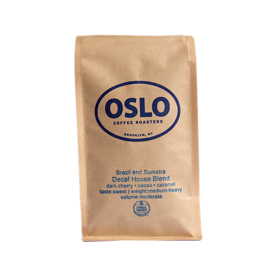 Front view of a Brazil and Sumatra Decaf House Blend coffee bag featuring Oslo Coffee Roasters logo and coffee product information