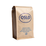 Side view of a Braszil and Sumatra Decaf house blend bag featuring Oslo Coffee Roasters logo and coffee product information