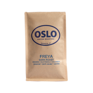 Front view of a Freya dark roast coffee bag featuring Oslo Coffee Roasters logo and coffee product information