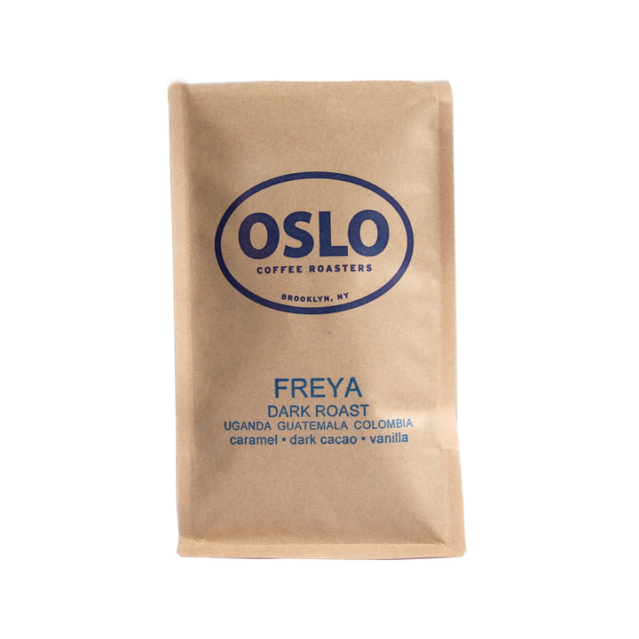 Front view of a Freya dark roast coffee bag featuring Oslo Coffee Roasters logo and coffee product information