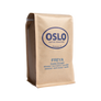 Side view of a Freya dark roast coffee bag featuring Oslo Coffee Roasters logo and coffee product information