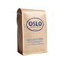 Side view of a Golden Treen Anniversary Blend coffee bag featuring Oslo Coffee Roasters logo and coffee product information
