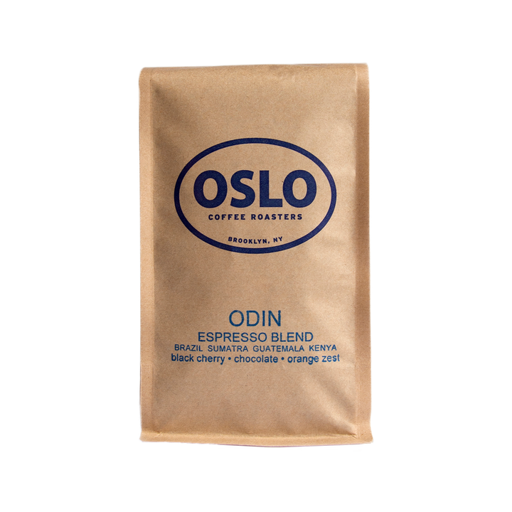 Front view of a Odin Espresso Blend coffee bag featuring Oslo Coffee Roasters logo and coffee product information