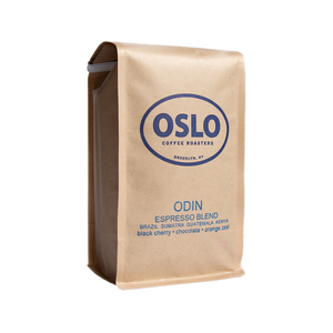 Side view of a Odin Espresso Blend coffee bag featuring Oslo Coffee Roasters logo and coffee product information