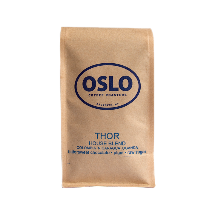 Front view of a Thor House Blend coffee bag featuring Oslo Coffee Roasters logo and coffee product information