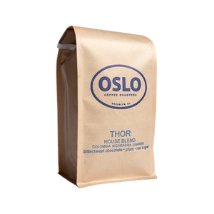 Side view of a Thor House Blend coffee bag featuring Oslo Coffee Roasters logo and coffee product information