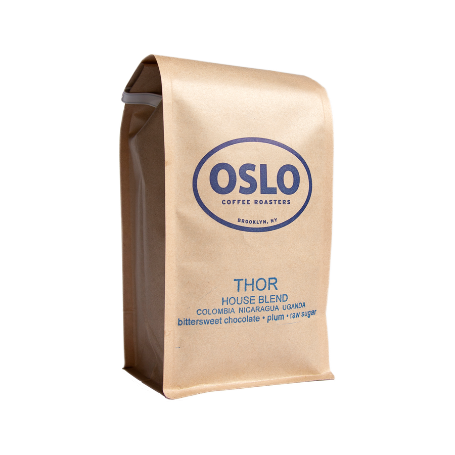 Side view of a Thor House Blend coffee bag featuring Oslo Coffee Roasters logo and coffee product information