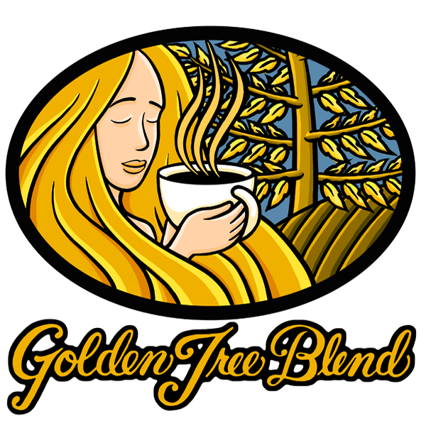 Golden Tree Blend illustration depicting a blonde woman holding a steaming coffee cup with a golden tree with leaves in the background