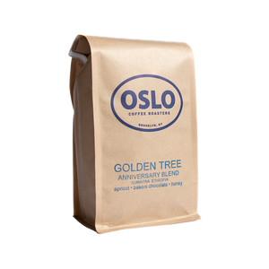 Side view of a Golden Treen Anniversary Blend coffee bag featuring Oslo Coffee Roasters logo and coffee product information