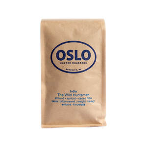 Front view of a Wild Huntsman coffee bag featuring Oslo Coffee Roasters logo and coffee product information