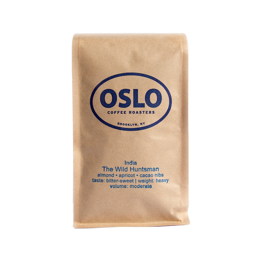 Front view of a Wild Huntsman coffee bag featuring Oslo Coffee Roasters logo and coffee product information