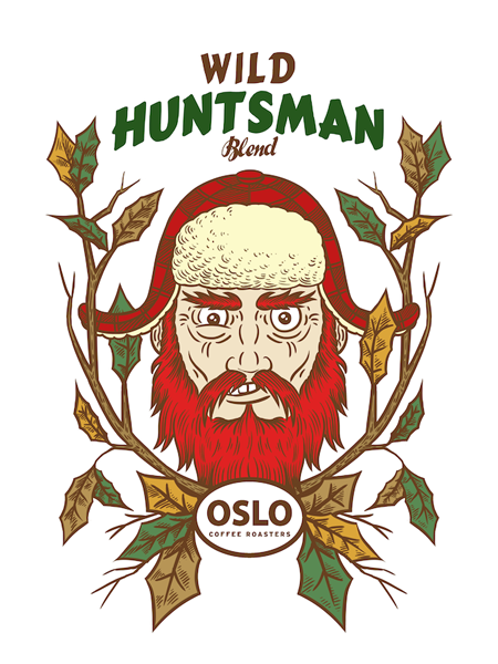 Oslo Wild Huntsman Blend showing an illustration of a man with a red beard, red flannel hat with ear flaps, surrounded by leaves